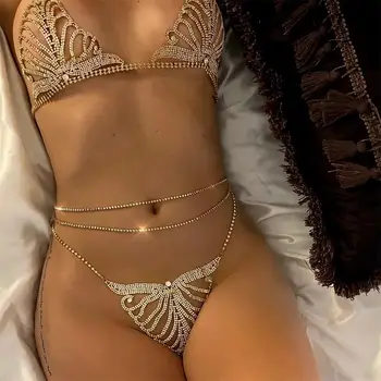 

GLAMing Sexy Belly Crystal Body Chain Jewelry for Women Gold Waist Leaf Luxury Bling Rhinestone Bikini Set Thong Designer 2020