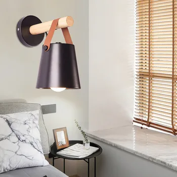 

Creative Wooden Simple E27 Wall Lamp LED Bedroom Bedside Light Nordic Home Decoration Living Room Corridor Hotel Belt Wall Light