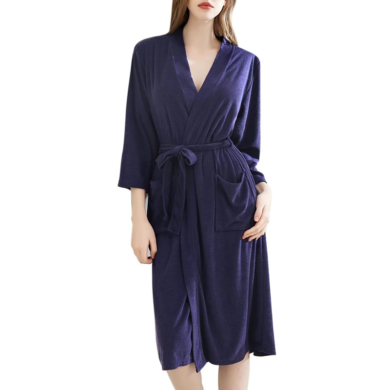 Женский махровый тканный халат, турецкое хлопковое махровое кимоно с воротником, сексуальные банные халаты, однотонные пижамы с длинными рукавами, lounge famale - Цвет: navy blue