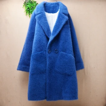 

heavy thick ladies women blue suit collar hairy fluffy mink cashmere knittde long sleeves faux fur inside cardigans winter coat