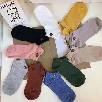 

10 Pairs Four Seasons Cartoon Cotton Short Sock Women Solid Color Little Bear Casual Socks Breathable Deodorant Hosiery