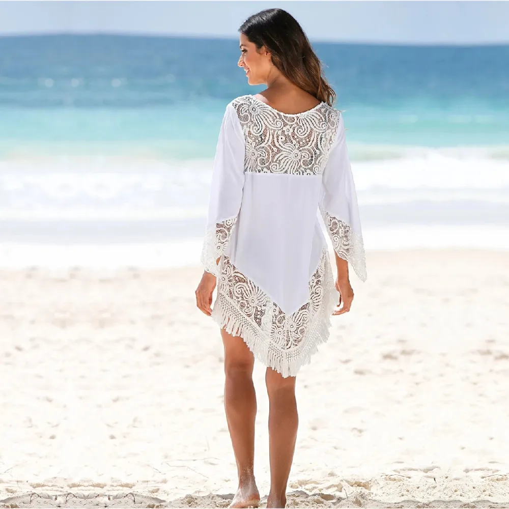 White Lace Swimwear Summer Sexy Bikini Pareo Beach Cover Ups Beachwear Women Dress Bathing Suit up #Q425