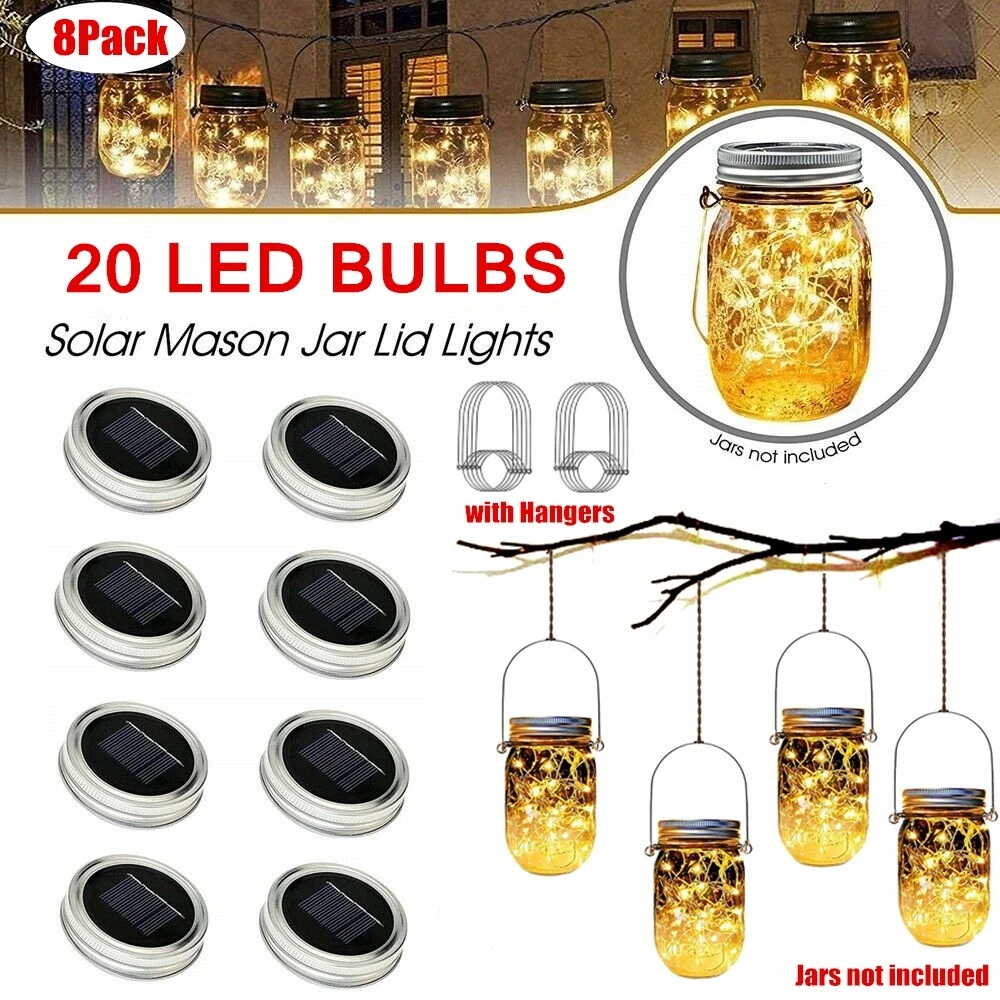 8 Pack Solar String Lights Copper Wire Light String 20LED Creative Home Outdoor Waterproof Decoration LED String Light Jar Lid