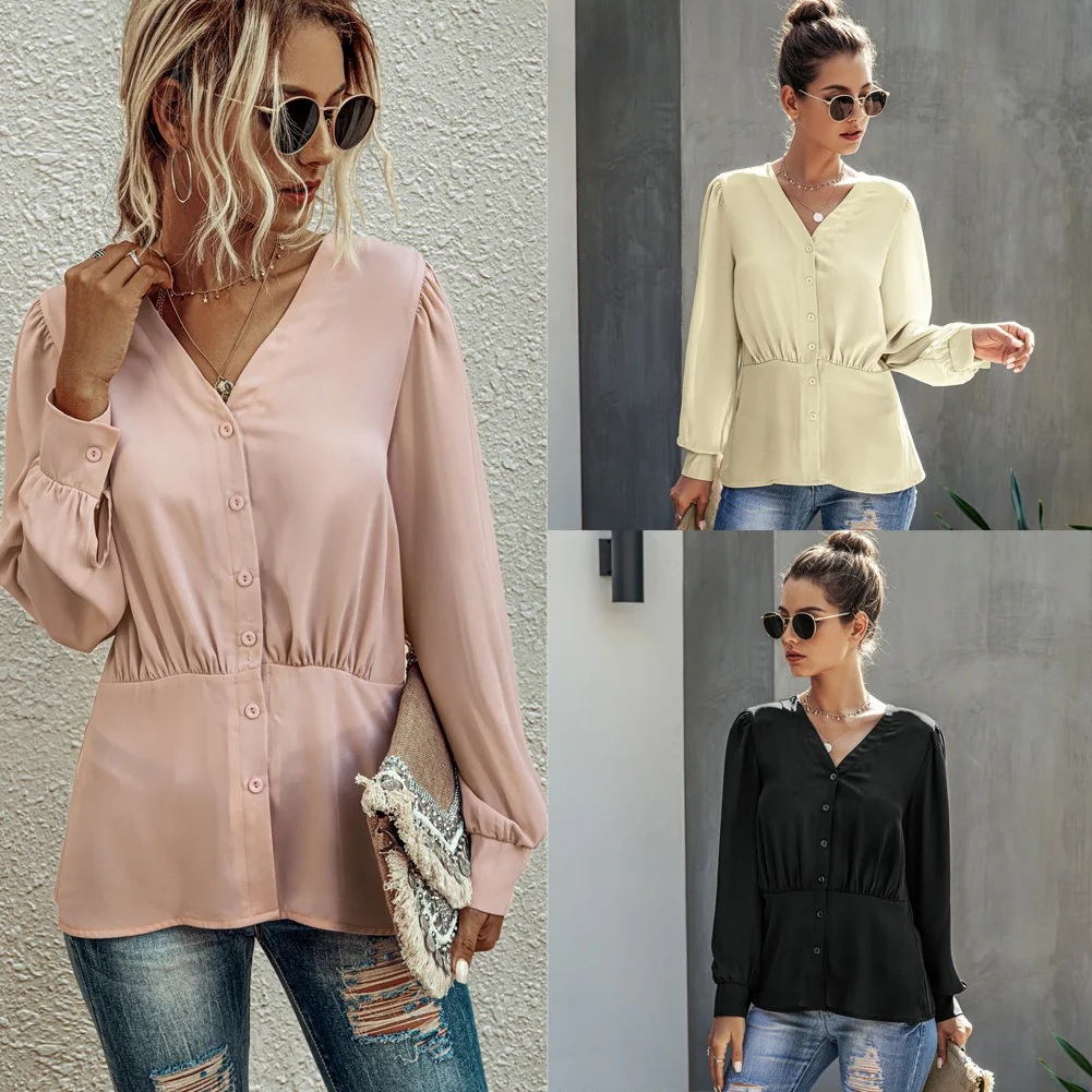 Fashion Women Solid V Neck Shirts Sexy Long Sleeve Pull Loose Female Shirt Tops Plus Size | Женская одежда