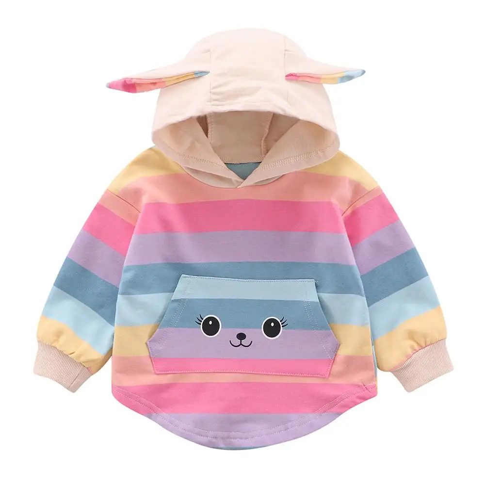 Одежда для новорожденных с длинными рукавами для девочек ясельного и дошкольного возраста; Ranibow 3D с изображением кролика уха принт пуловер с капюшоном - Цвет: Pink