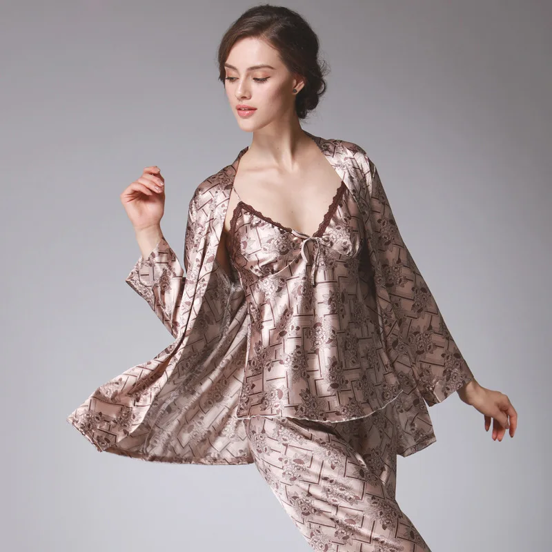

Silk Pajamas Women's Autumn Long Sleeve Trousers Three-piece Set Casual Homewear Set