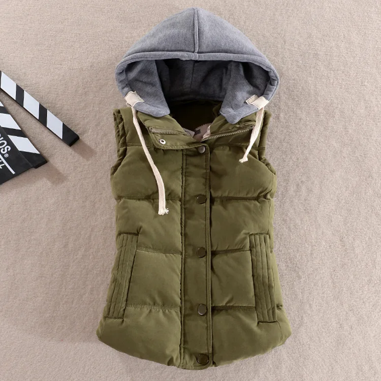 Plus Size 4xl Women Vest Winter Jacket Pocket Hooded Coat Warm Casual Cotton Padded Vest Female Slim Sleeveless Waistcoat