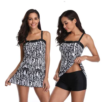 

2020 New Plus Size 5XL Print bamboo Two Piece Swimsuit with Skirt White Black Boxer Tankini Big Large XXXL Swimwear Bathing Suit