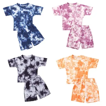 MBR204 Infant Baby Girls Tie-dye Printed Clothes Set 1-5Y Summer Short Sleeve Print T Shirts Tops+Shorts Pants Kids Boy Suits 1