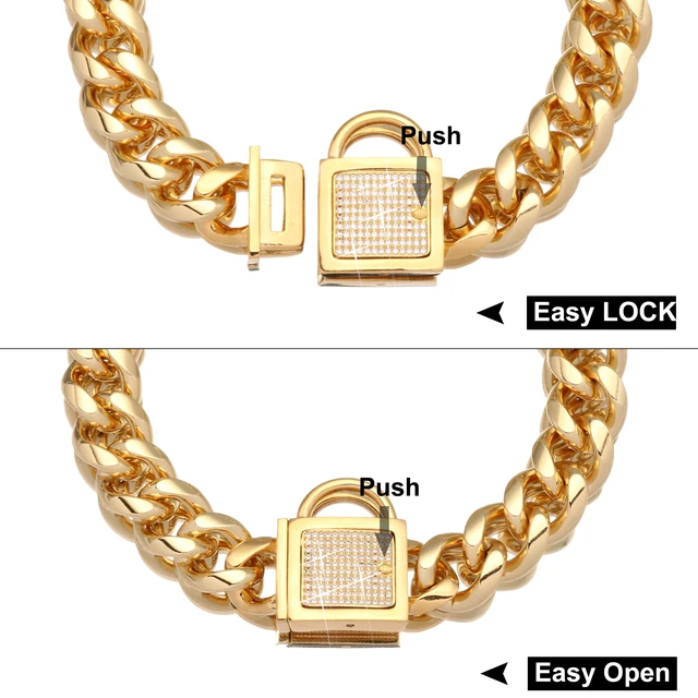  New Gold Chain Dog Collar with Bling Cubic Zirconia Secure  Clasp,15MM Strong Stainless Steel Cuban Link Chain Collars,Luxury Necklace  Walking Collar for Small Medium Dogs : Pet Supplies