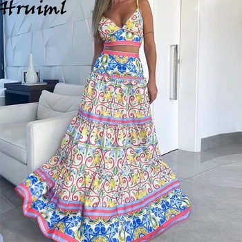 

Two Peice Set For Women Summer Outfits High Waist Long Skirt And Spaghetti Strap V Neck Top Female Floral Print Beach Boho Set
