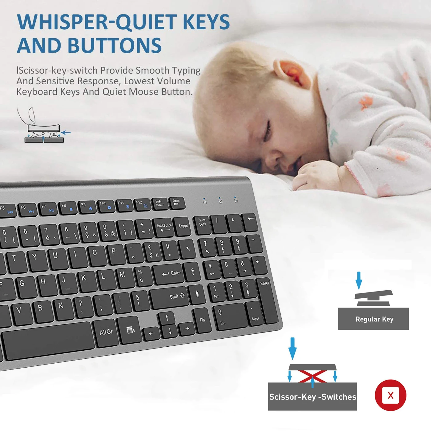 AZERTY, Ultra Fino, 2.4G, Silencioso, Chave de