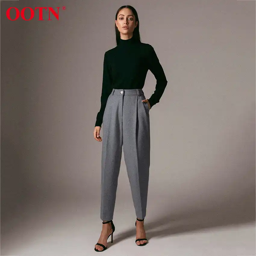 Ootnオフィス作業ズボン女性ハイウエストグレーパンツ女性秋冬ウールポケットカジュアル鉛筆のズボン女性ファッション パンツ カプリパンツ Aliexpress