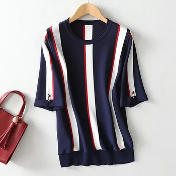 

Women Sweater Spring / Summer 2020 Youth Fashion Color Stripe Ice Hemp Fashion Pullover Short Sleeve Sweater T-shirt