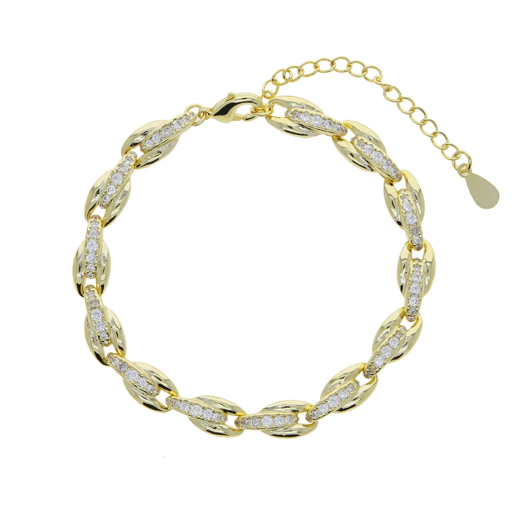 Micro Pave Sparking CZ Cubic Zirconia Beaded Link Chain Bracelet Gold Color