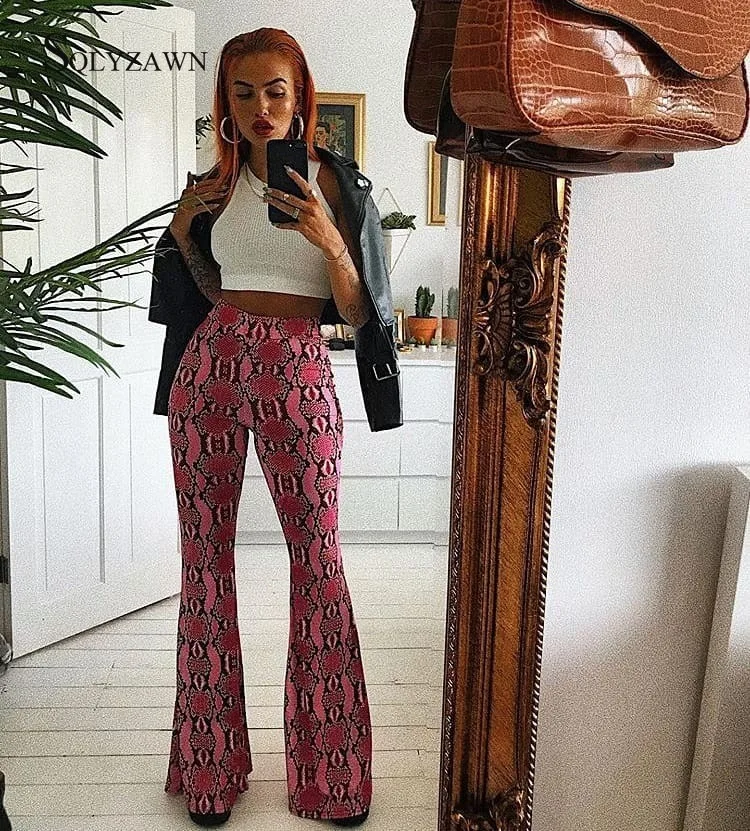 

Women Wide Leg Long Pants Snake Skin Pattern Stretch Casual Trousers High Waist Flare Neon Green Pink Fashion Female Bottom Wear