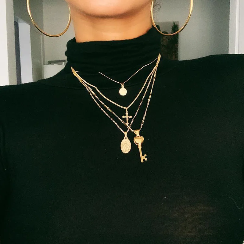 

European and American fashion necklace with alloy trends ins multi-layer cross key human head pendant necklace for female gifts