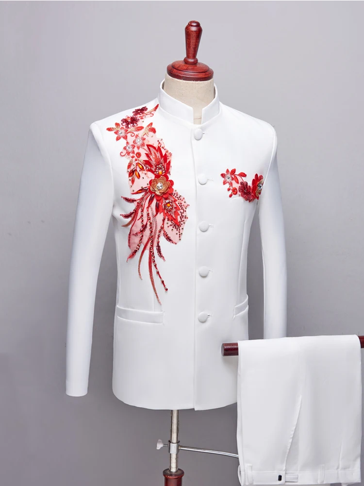 Applique Embroidered Blazers Stand Collar Men's Suit Chinese Tunic Suit Male Singer Performance Stage Wear(Jacket+Pants) S-3XL