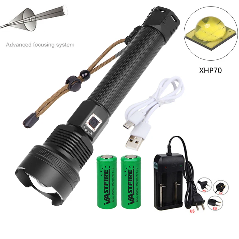 

Powerful 1800LM XHP70 LED Flashlight Rechargeable 3Modes Telescopic Zoomable Tactical Waterproof IPX-6 Torch +2*26650+Charger