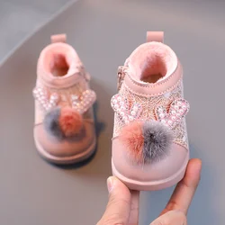 Bottes de neige pour enfants, chaussures de marche chaudes antidérapantes en coton, en dentelle et bois rose tendance, en velours Plus épais, nouvelle collection hiver 