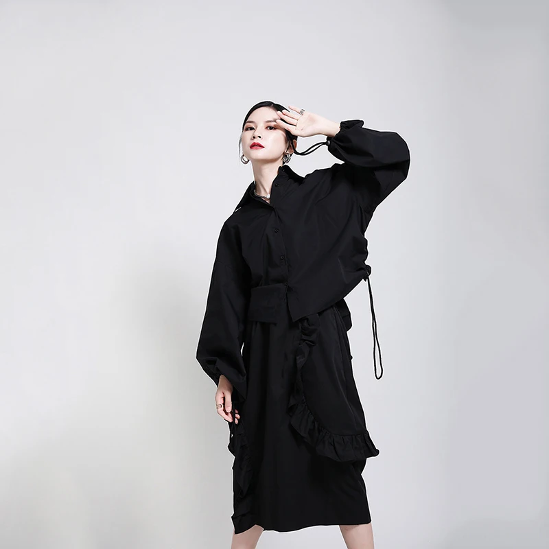 [EAM] Women Black Drawstring Backless Short Big