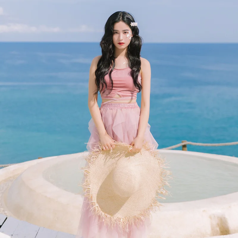 

Bathing Suit Women's Three-piece Set Bikini Split Skirt-Conservative Belly Covering Small Bust Gathering-Bubble Hot Spring Tour