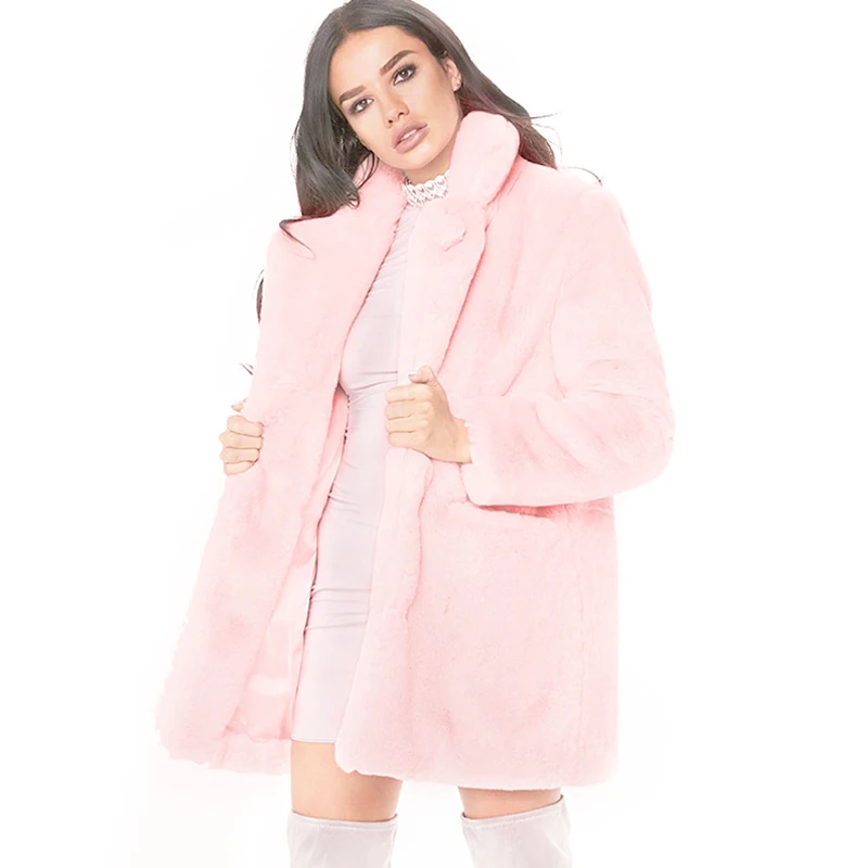 Light Pink Женское осенне-зимнее теплое пушистое плюшевое пальто из искусственного меха с длинным рукавом и отложным воротником, длинная куртка с карманами, верхняя одежда размера плюс 3X - Цвет: Light Pink