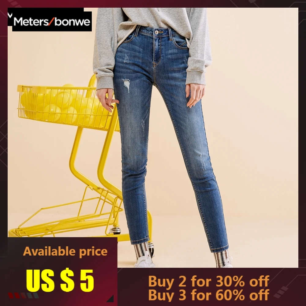 

Metersbonwe Slim Jeans For Women Jeans Blue Denim Pencil Ankle-Length Pants High Quality Stretch Waist Women Jeans Plus Size