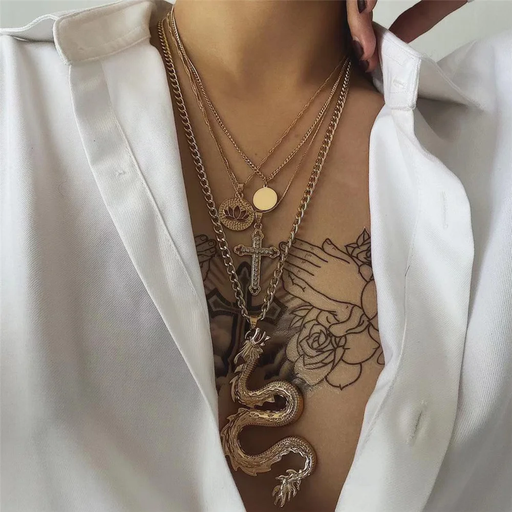 

Personality Multi Layer Crystal Cross Dragon Pendant Necklace for Women 2020 Trendy Punk Long Chain Necklace Statement Jewelry