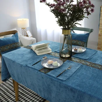 

Nordic Classical High-grade Tablecloth Coffee Table Cloth Embroidery Blue Double-faced Velvet Thick Rectangular Tablecloth