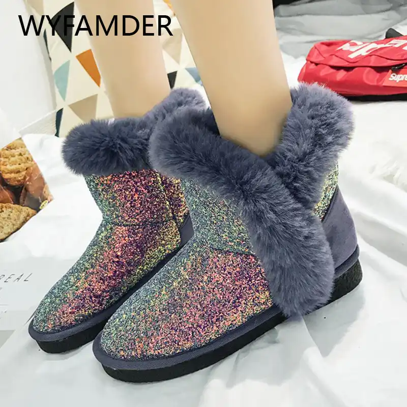 Wyfamder 2020 New Snow Boots Fashion Glitter Bling Ankle Boots Fur Lined Warm Winter Shoes Women Non Slip Flat Casual Shoes Wb31 Aliexpress