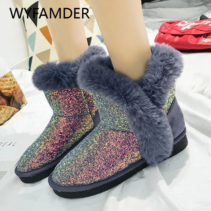 WYFAMDER/2020 г. Новые зимние сапоги модные Блестящие ботильоны теплая зимняя обувь на