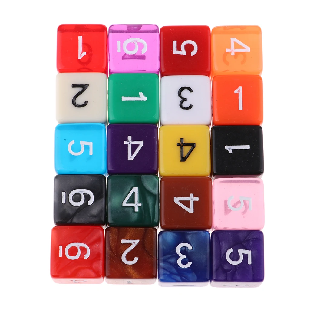 20pcs 6 Sided Dice Set With Numbers Party Table Game Kids Math Practice Multi-color Translucent Polyhedral Dice Bulk for Family