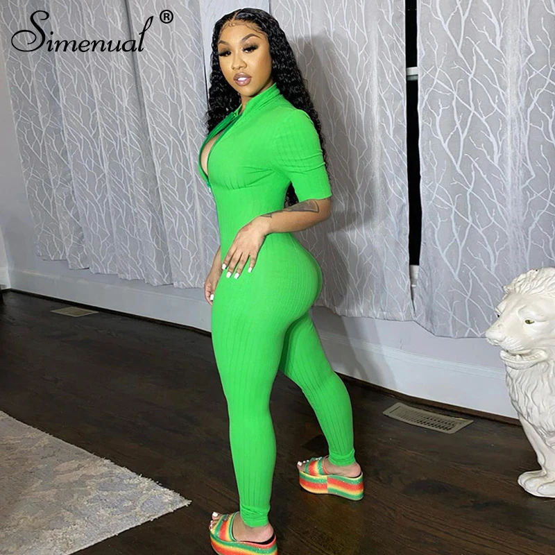 

Simenual Ribbed Zipper Casual Sporty Rompers Womens Jumpsuit Short Sleeve Bodycon Skinny Workout Active Wear Fashion Jumpsuits