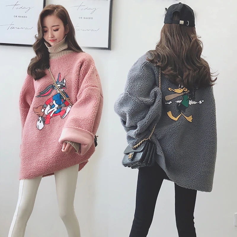 Женская толстовка с мультяшным Кроликом, осенне-зимняя, свободная, Корейская версия, толстая, длинная, с рисунком утки, толстое пальто для женщин