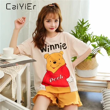 

Caiyier 2020 Summer Cotton Pajamas Set Cute Bear Short Sleeve T-Shirt With Elastic Waist Shorts Sleepwear Leisure Women Homewear