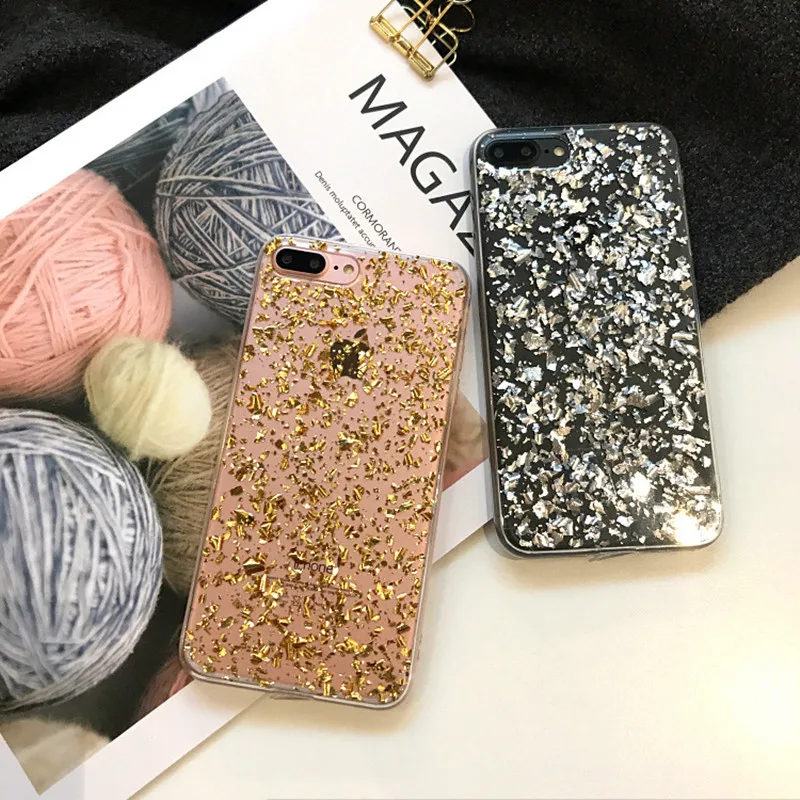 Luxury Bling Mobile Phone Cover Gold Foil TPU Epoxy Glitter For iPhone Xs Max XR XS X 8P 7P 6P 8 7 6 |