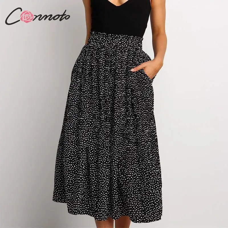 Conmoto, женские длинные юбки в горошек, женские плиссированные юбки с эластичной талией, женские повседневные черные юбки с высокой талией для отдыха размера плюс
