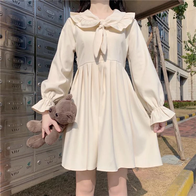 

Новинка весны, модное мягкое платье для девочек, красивое платье-трапеция с кукольным воротником и высокой талией, платья с длинным рукавом, женское повседневное милое платье принцессы