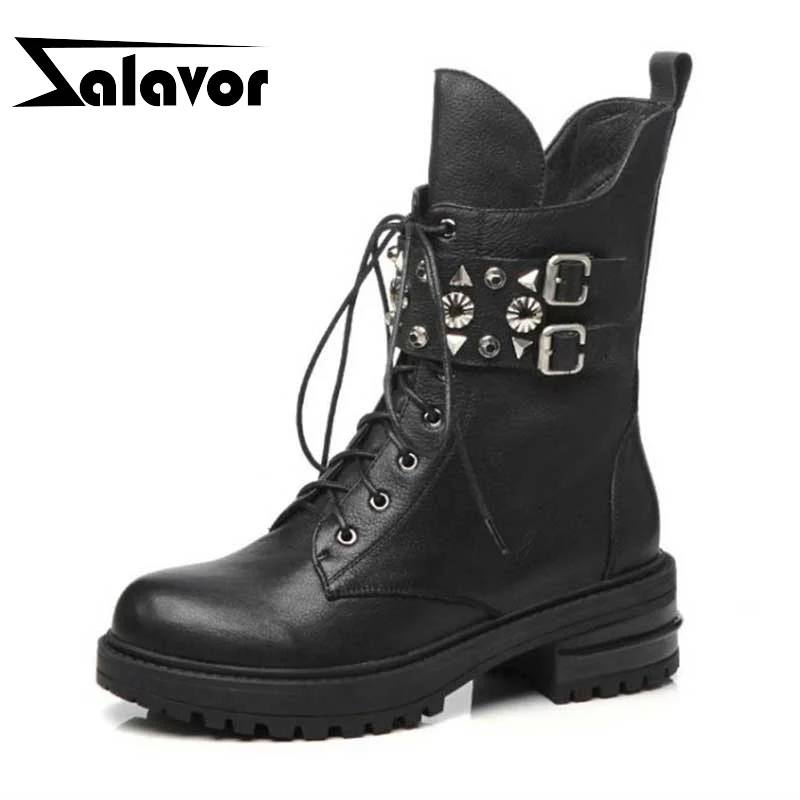

ZALAVOR Woman Mid Calf Boots Genuine Leather Winter Women Shoes Rivets Zipper Short Boots Fashion Ladies Punk Shoes Size 34-41