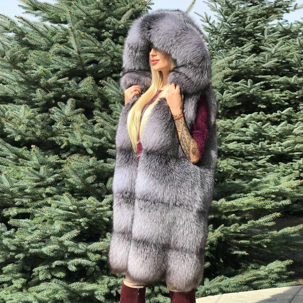 Long Real Silver Fox Fur Vest with Hood Natural Women High Quality Genuine Silver Fox Fur Coat Sleeveless Fur Overcoats Luxury