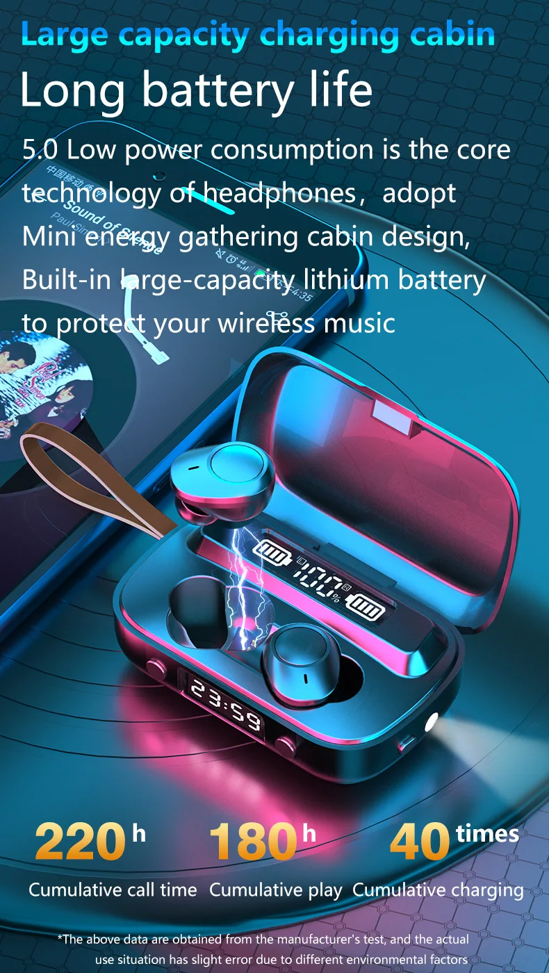 2000 мАч светодиодный Bluetooth беспроводные наушники гарнитура TWS сенсорное