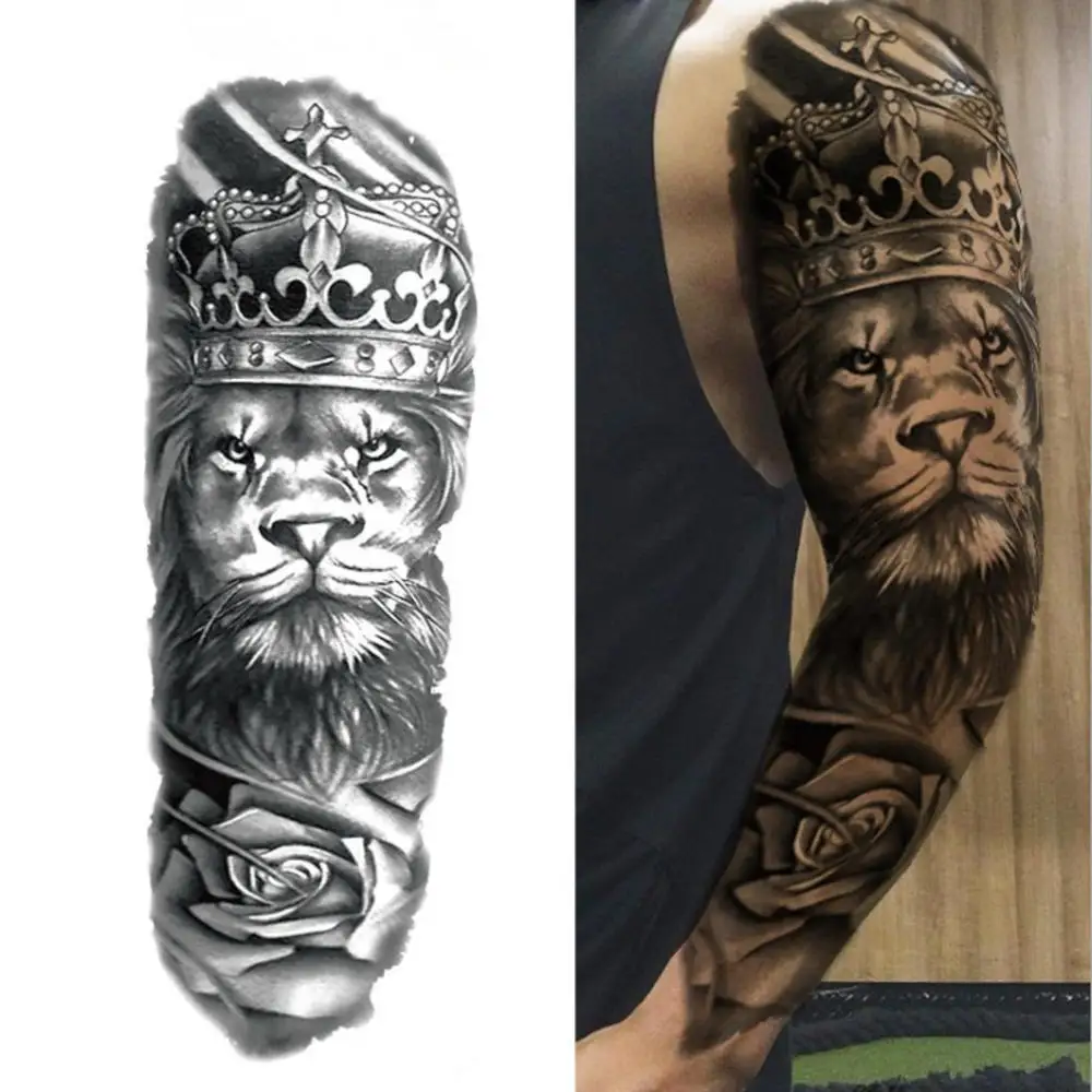 

Large Arm Sleeve Tattoo Sketch Lion Tiger Waterproof Temporary Tatoo Sticker Wild Fierce Animal Men Full Bird Totem Tatto