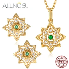 ALLNOEL, белый циркон, изумруд, драгоценный камень, Ювелирные наборы для женщин, ожерелье, серьги, серебро пробы, 925 Золото, свадебный подарок