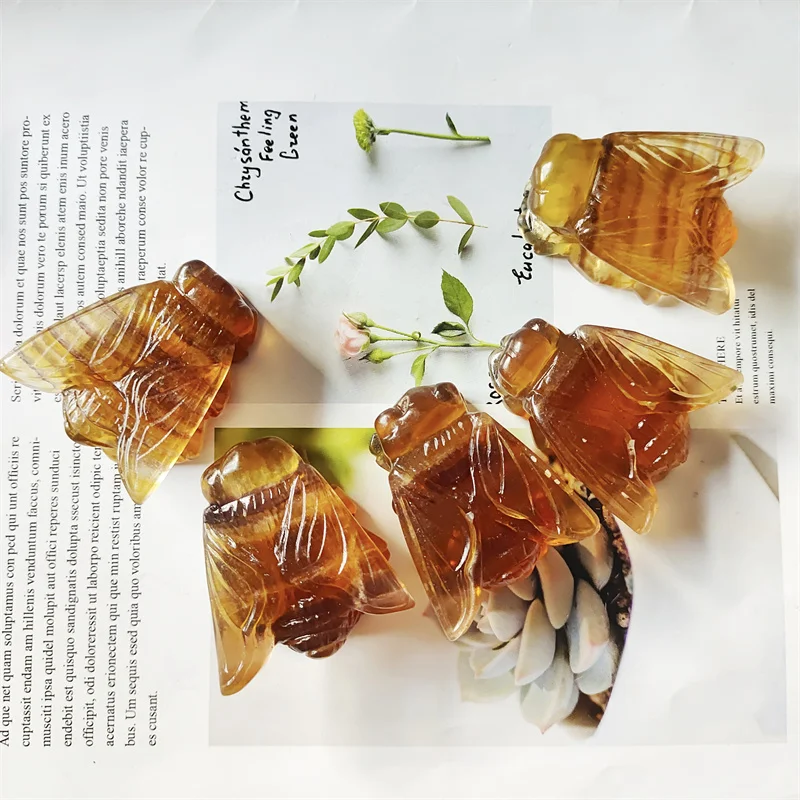 

Natural Stones Yellow Fluorite Cicada Quartz Crystal Carved Bee Insect Animals Healing Reiki Gemstones Decoration