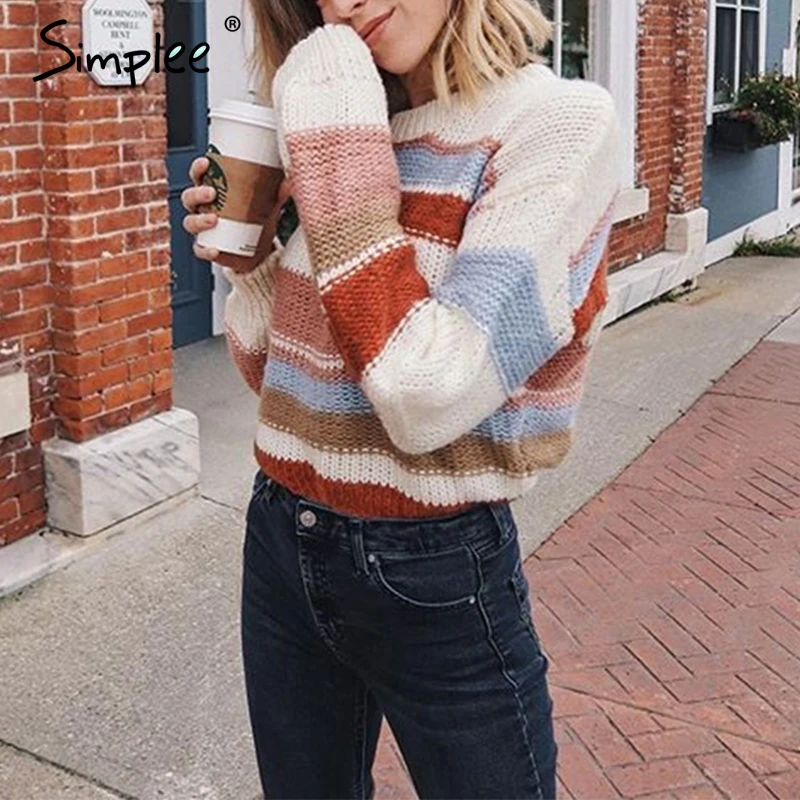 

Simplee Long Sleeve Striped Women Crewneck Knitted Pullover Sweaters Vintage Splice Autumn Ladies Pullover Jumper mit streifen
