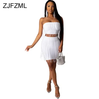 

Tassels Patchwork Sexy 2 Two Piece Set Women Off The Shoulder Backless Crop Top And Bodycon Mini Skirt Black White Club Outfit