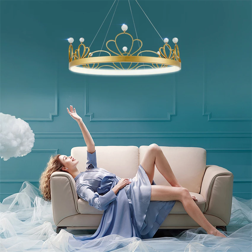 

Nordic crown ring pendant lights princess room romantic warm bedroom modern luxury girl living room hanging lights LED lighting
