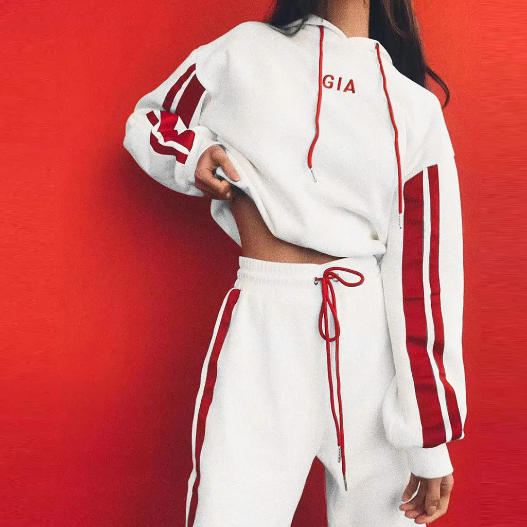 

Hooded Hoodie Sport Suit Tracksuit Long Sleeve Women Stripe Running Set Winter Fall Jogging Sweat Pants 2pcs Sportswear Female