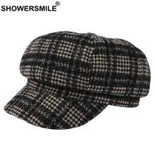 SHOWERSMILE, шерстяные зимние шапки для женщин, газетная Кепка, женская, винтажная, Хаундстут, берет, кофейная, женская, клетчатая, восьмиугольная кепка